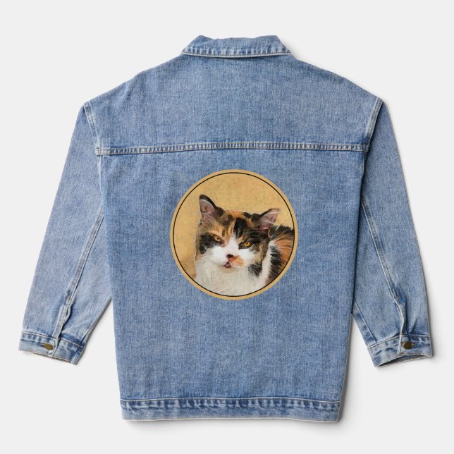 Calico Cat Painting - Cute Original Cat Art Denim Jacket (Back)