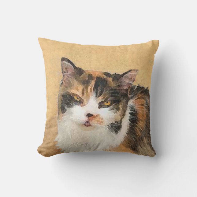 Calico Cat Painting - Cute Original Cat Art Throw Pillow (Front)