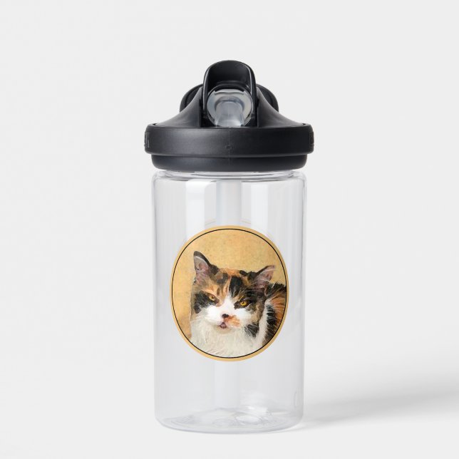 Calico Cat Painting - Cute Original Cat Art Water Bottle (Front)