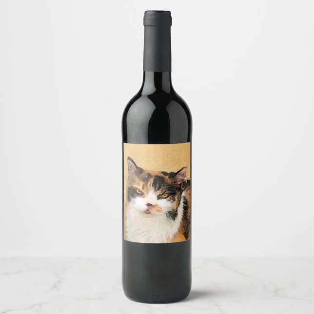 Calico Cat Painting - Cute Original Cat Art Wine Label (Front)