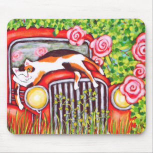 Calico Cat, Roses & Old Car  Art Mousepad