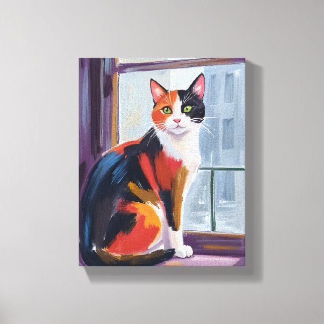 Calico Cat | Watercolor Windowsill Pet Canvas Print (Front)