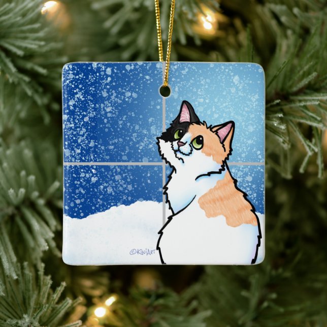 Calico Cat Window  Ceramic Ornament (Tree)