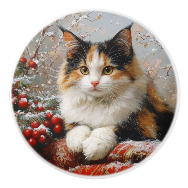 Calico Cat Winter Scene Painting Ceramic Knob (Front)