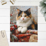 Calico Cat Winter Scene Painting Postcard<br><div class="desc">Postcard art featuring a painting of beautiful calico cat in a winter scene surrounded by red berries,  pine sprigs and cozy fabrics.</div>