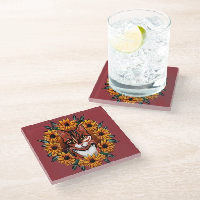 Calico Cat With Black-eyed Susan Maryland State  Glass Coaster (Angled)
