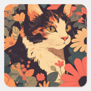 Calico Cat with Flowers Japanese Aesthetic Square Sticker