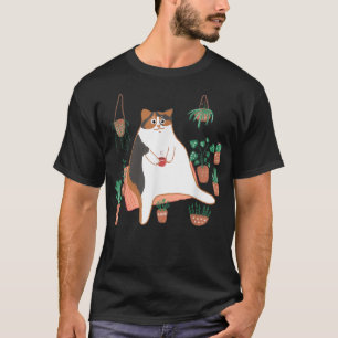 Calico Cat With Pot Plants Funny Cat Lover For Mom T-Shirt