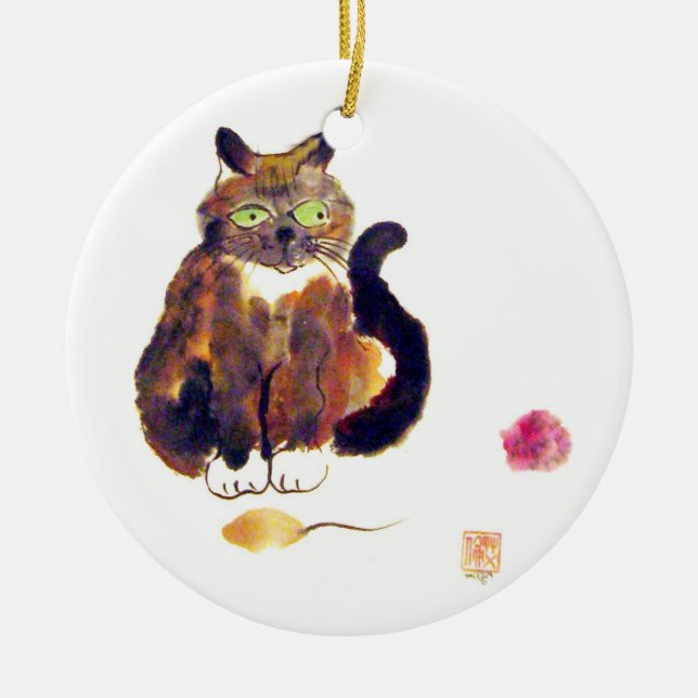 Calico Colours - kitty has two toys Ceramic Ornament (Front)