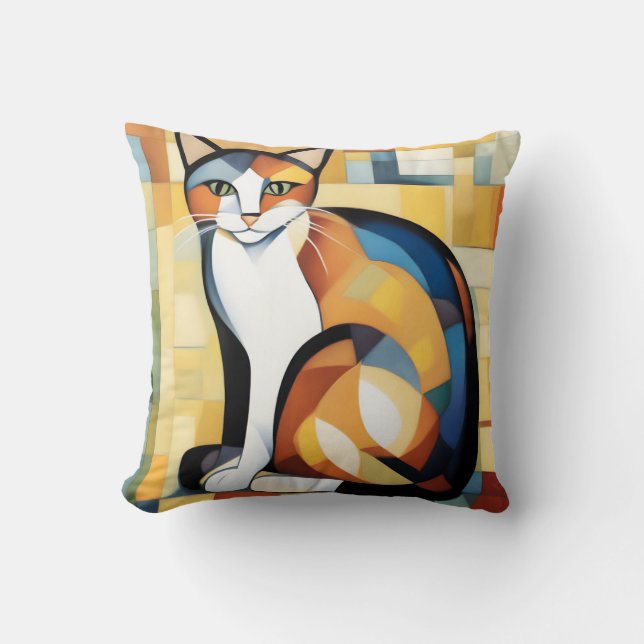 Calico Cubism A Feline Throw Pillow (Front)