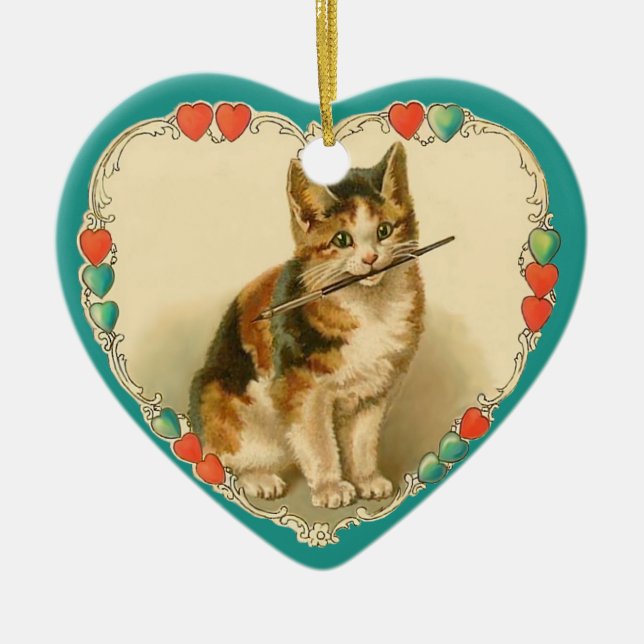 Calico Kitten in Heart - 2 Sided Ceramic Ornament (Front)