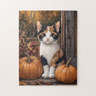 Calico Kitten Sitting Among Fall Leaves Jigsaw Puzzle