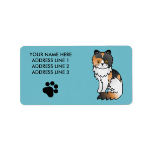 Calico Persian Cat Cartoon Caricature Drawing Blue Label