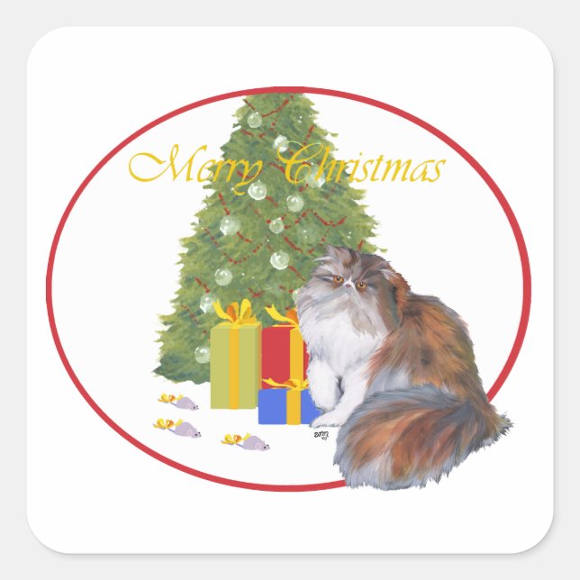 Calico Persian Cat Christmas Square Sticker (Front)