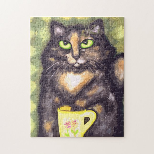 Calico Torti Maine Coon Cat With Tea Jigsaw Puzzle (Vertical)