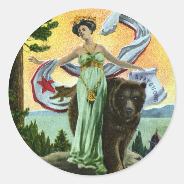 California Admission Day Festival Woman with Bear Classic Round Sticker (Front)