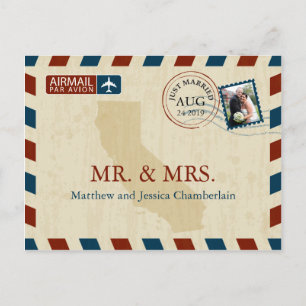 California Airmail Wedding Thank You Postcard