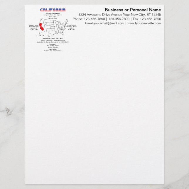 California American state on a map and useful info Letterhead (Front)