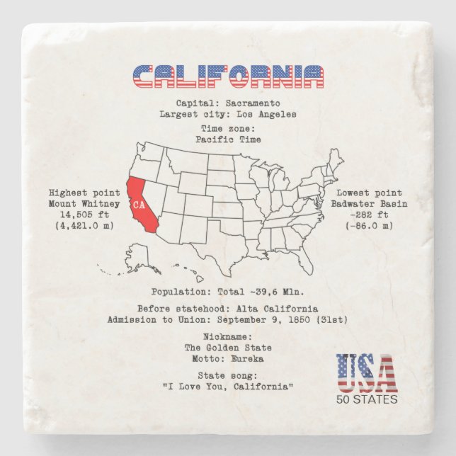 California American state on a map and useful info Stone Coaster (Front)
