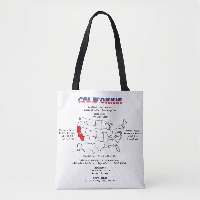 California American state on a map and useful info Tote Bag (Front)