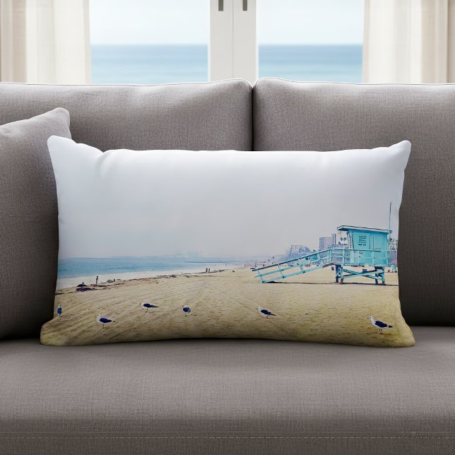 California beach ocean seagulls lifeguard booth lumbar pillow (Creator Uploaded)