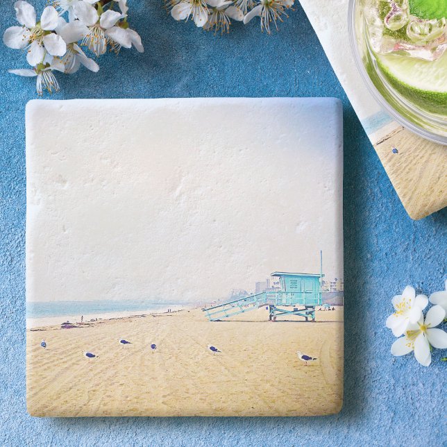 California beach ocean seagulls lifeguard booth stone coaster (Creator Uploaded)