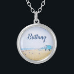 California beach ocean seagulls sand custom name silver plated necklace<br><div class="desc">Relax and remind yourself of the fresh salt smell of the ocean air whenever you wear this stunning pastel-coloured photography personalized name charm necklace. This necklace comes in small, medium and large sizes, as well as both square and circle shapes. You can order this necklace in your choice of sterling...</div>