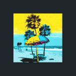 California Beach Pop Art Canvas Print<br><div class="desc">Experience the fun and vibrancy of a California beach with our stunning pop art canvas print. Featuring bright and bold colours in shades of blue and yellow, this eye-catching piece captures the essence of the beach with playful beach umbrellas and swaying palm trees. Hang it in your living room, bedroom,...</div>
