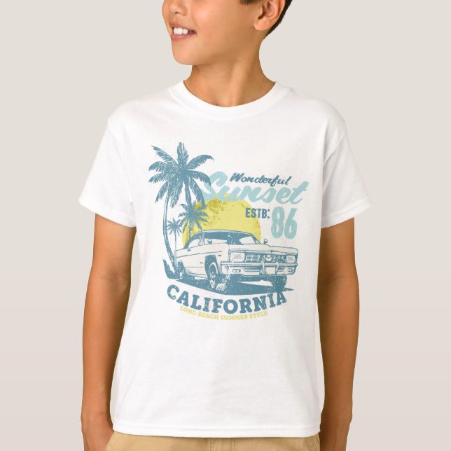 California Beach Vibes Sunset & Car T-Shirt (Front)