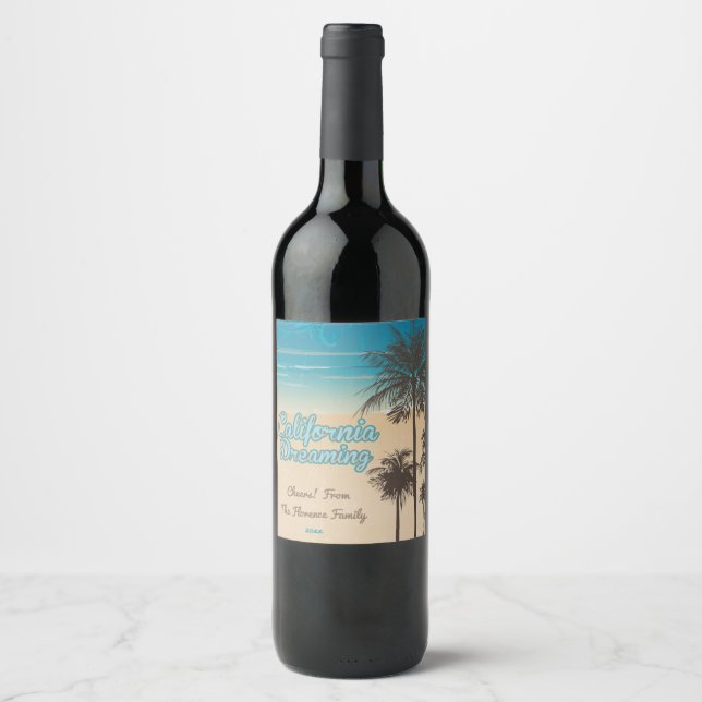 California, Beach with Palm Trees Wine Label (Front)