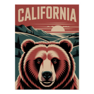 California Bear & Mountain Sunset - Vintage Golden Poster