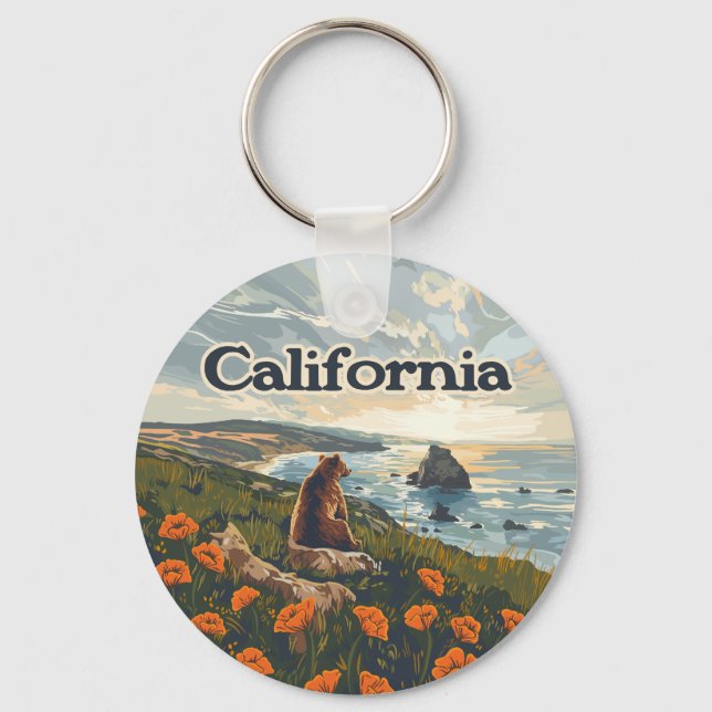 California Bear Poppies Flowers Coast Retro Keychain (Front)