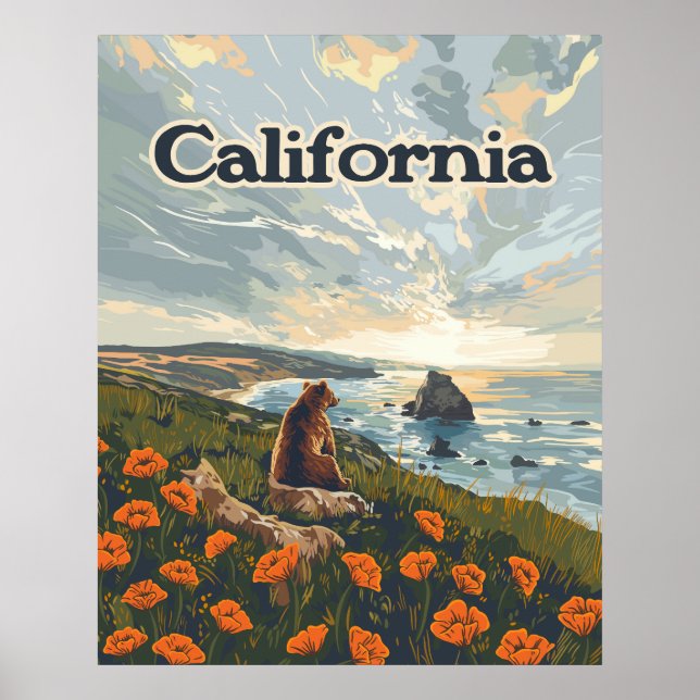 California Bear Poppies Flowers Coast Retro Poster (Front)