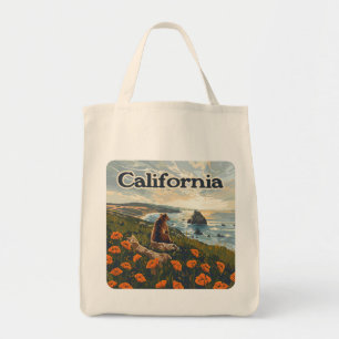 California Bear Poppies Flowers Coast Retro Tote Bag