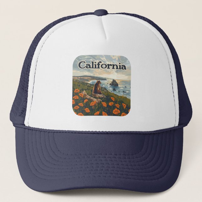California Bear Poppies Flowers Coast Retro Trucker Hat (Front)