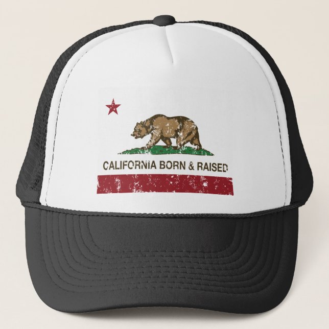California Born and Raised Distressed Trucker Hat (Front)