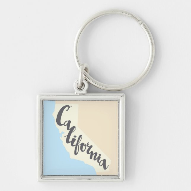 California Brush Lettering With Silhouette Map Keychain (Front)