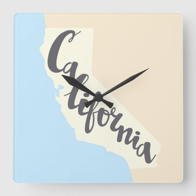 California Brush Lettering With Silhouette Map Square Wall Clock (Front)
