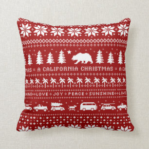 California Christmas Holiday Pattern White on Red Throw Pillow