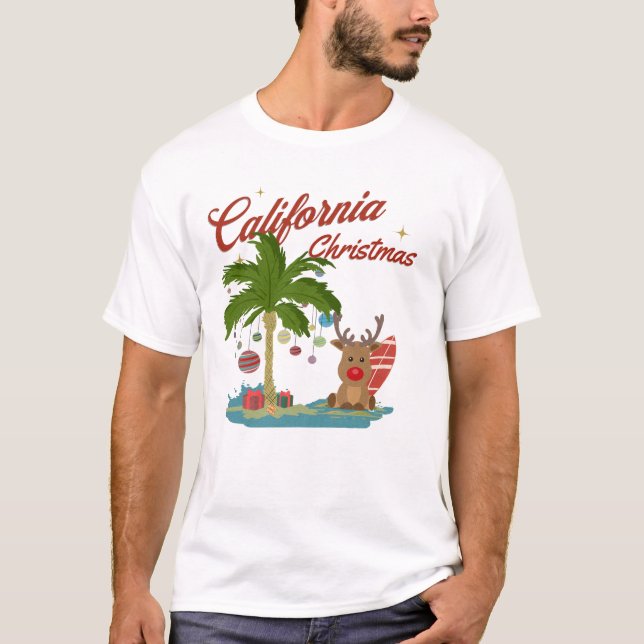 California Christmas Palm Tree and Reindeer T-Shirt (Front)