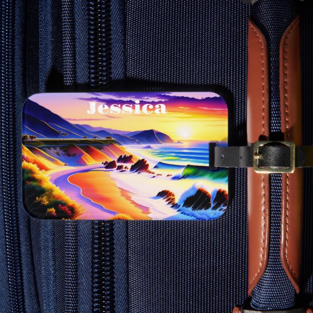 California Coastline Sunset Personalized  Luggage Tag (Front Insitu 4)
