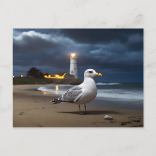 California gull by sea lighhouse background postcard