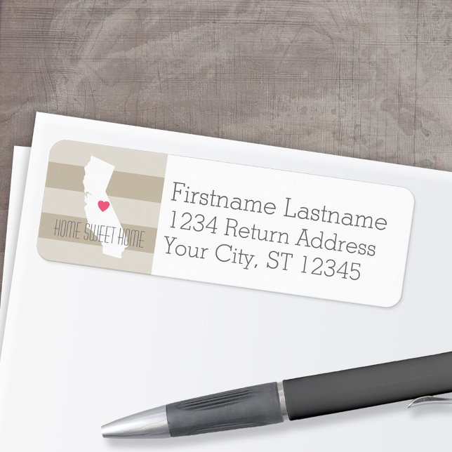 California Home State Love with Custom Heart (Personalized Mailing Label with Return Address and State Map - Low Minimum)