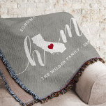 California Home State Personalized Throw Blanket<br><div class="desc">Show some home state pride with this cute rustic grey throw blanket featuring "home" in white calligraphy script lettering with a silhouette map of the state of California standing in for the letter "O." A pink heart illustration inside the state map completes the design; you can change the position of...</div>