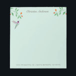 California Hummingbird  Notepad<br><div class="desc">Unique notepad featuring a hand-painted Anna's Hummingbird and flowery branches on a pale blue background. Anna's Hummingbird can be found year-round resident in California,  breeding in winter and nesting during the rainy season in gardens and parks to chaparral,  frequenting feeders and native plants.</div>