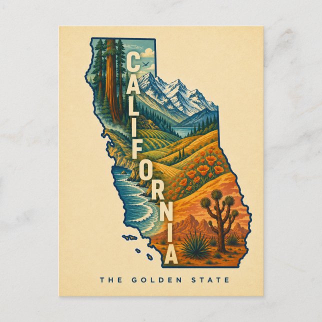 California Illustrated Golden State Map Postcard (Front)