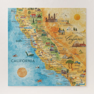 California Illustrated Watercolor Map Art Jigsaw Puzzle