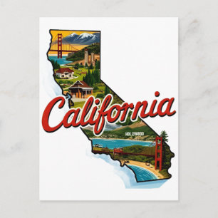 California Landmarks Map Illustration–Retro Travel Postcard