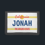 California license plate retro style custom trifold wallet<br><div class="desc">California license plate retro style custom Trifold Wallet gift. Make your own vanity car license plates wallet. Cool automotive theme Birthday gift idea for him or her. Personalize with your own name or plate numbers. Red script typography template with yellow sunset. California Republic. Letters can be spaced out or narrowed....</div>