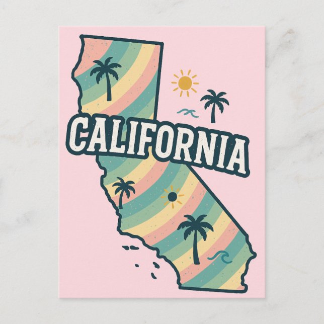 California Map Illustrated Bold Colorful Postcard (Front)